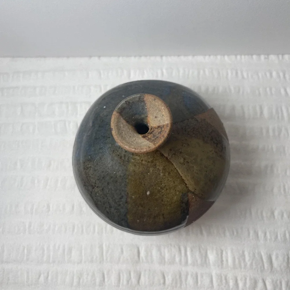 Vintage Studio Pottery Ceramic Bud Weed Vase, Signed , Earth Tone/Blue Handmade